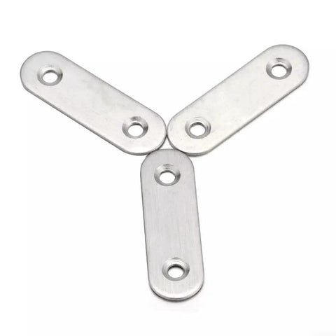 Close-up of Stainless Steel Corner Brackets Set 10 Pcs Flat Mending Plates with Pre Drilled Holes, arranged in Y shape.