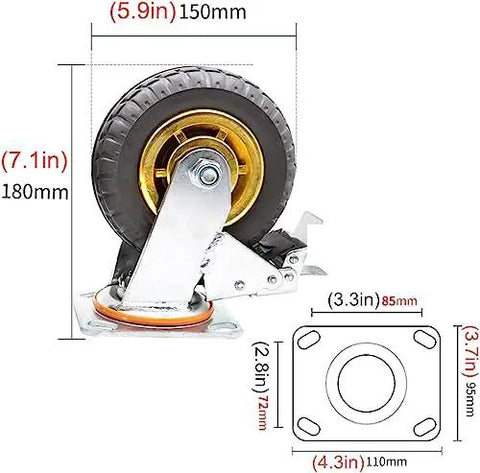 Heavy Duty 150Mm Rubber Swivel Casters With Brakes Set Of 4 Ready To Roll Rock Solid Dual Ball Bearings Easy Glide side view with dimensions.