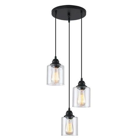 Three Light Industrial Pendant Light With Glass Shade Matte Black Finish Adjustable Height Modern Hanging Fixture For Kitchen Island Farmhouse Decor Goes With Any Kitchen Vibe And Installs Easy