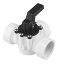 Heavy Duty Three Way PVC Diverter Valve For Swimming Pool And Spa Smooth Handle Action No Drip Design, side view with black handle.