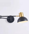 Industrial Metal Swing Arm Wall Sconce With A Sleek Dome Shade And Knockout Build For Cozy Bedroom Or Living Room Reading Vibes E27 Socket Modern Wall Fixture Black Brass Finish, black and brass fixture mounted on wall.