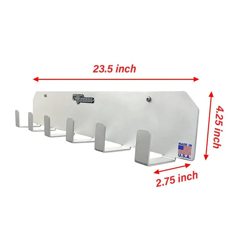 Side view of Trailer Garage Aluminum Cabinet Organizer Kit USA Made All In One Workbench Storage with hooks and USA badge.