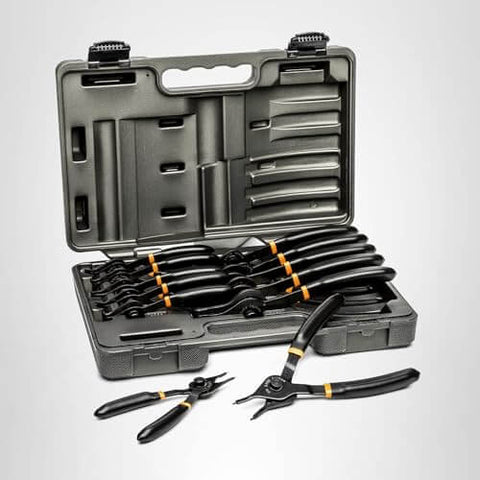 12 Piece Snap Ring Pliers Set With Straight, 45 Degree And 90 Degree Jaws For Deep Access in molded plastic case, front view
