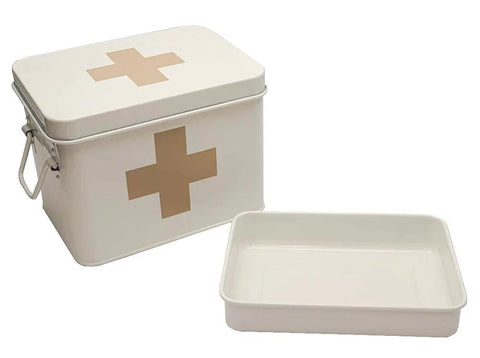 Lassos Boutique retro enamel first aid box with lid and removable tray, white with beige cross.