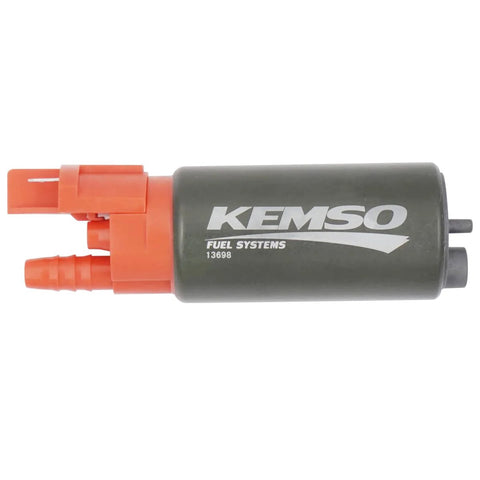 High Performance Fuel Pump Upgrade for 2016-2023 Polaris RZR 1000 Turbo Boosts Flow To 200 LPH From Stock 60 to 80 LPH Ethanol And Gasoline Compatible 125.8 PSI Bypass Lifetime Serialized Body USA Based Tech Support. Side view of fuel pump showing gray and orange components.
