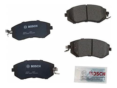 Front view of Bosch BC1539 QuietCast ceramic brake pads set; four pads with blue backing plates