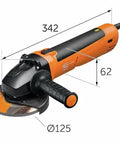 Beefed Up Brushless Angle Grinder With 125Mm Disc And 1500W Motor Variable Speed Cutting Deburring Beast Built For Demanding Job Sites Every Day, showing dimensions and features.