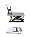 Slick Folding Boom Lift Handcart With Smooth Hydraulic Platform For Heavy Duty Warehouse And Construction Material Hauling shown in elevated and folded positions.