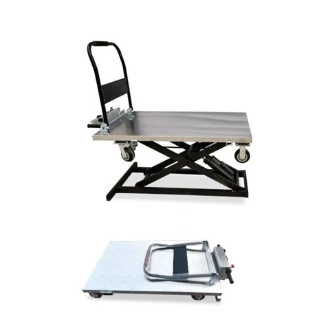 Slick Folding Boom Lift Handcart With Smooth Hydraulic Platform For Heavy Duty Warehouse And Construction Material Hauling shown in elevated and folded positions.