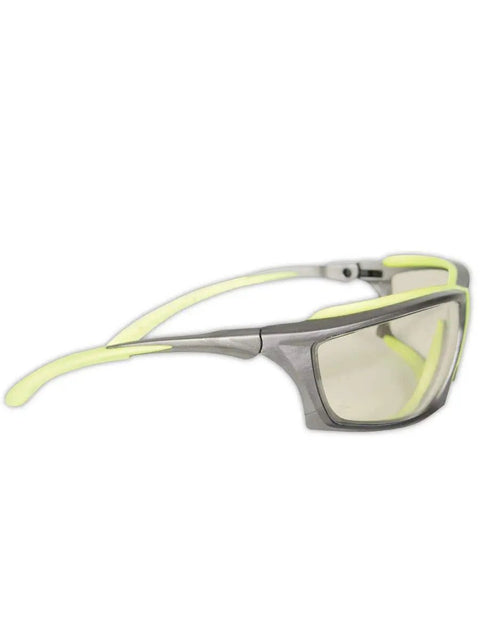 Rock Solid High Visibility Wraparound Safety Glasses With Anti Fog Polycarbonate Lens Built Tough For The Daily Grind Bulk Pack Of One Forty Four Pairs side view with high visibility yellow accents.