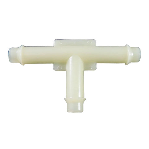 Beige plastic three-way vacuum hose T-connector with barbed ends for automotive use