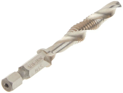 Impact Ready 5/16 Inch 18 UNC Drill Tap With 1/4 Inch Hex Shank for drilling and threading metal, features spiral design.
