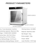 Heavy Duty Commercial Food Dehydrator With Twelve Stainless Steel Trays For Jerky And Snacks Featuring A Total No Sweat Digital Timer steady heat control and spacious capacity mid-angle view showing product parameters and dimensions.