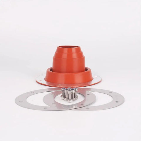Stove Jack Tent Flashing Kit with High Temp Flexible Pipe Sealing, heavy duty silicone part, stainless rings and nuts displayed.