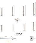 Flat Head Socket M6 Furniture Screws Set With 50 Pieces Of 20mm Screws, 50 M6 Fully Threaded Bolts And 1 Hex Spanner, diagram view
