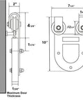Technical drawing of Black Rustic Non Bypass Sliding Barn Door Hardware Kit For One Door With 8 Foot Flat Track And House Shoe Rollers