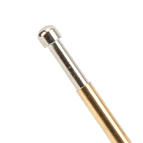 Close-up of a single gold-plated probe from the 100 Pcs P125 D Spring Test Probes With Large Round Heads For PCB Testing 2.0mm Diameter Pogo Pins Set Handy Pro Grade High Current Stable Probing Tools For Circuit Boards showing its rounded head and metal shaft.