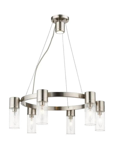 Midtown 6 Light Chandelier In Brushed Nickel Finish With Dope Modern Contemporary Design For Living Room Or Dining Room, showcasing sleek lines