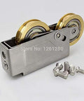 Heavy Duty Double Brass Window Slider Roller Set With Stainless Steel Axle And Copper Bearing Pulley Slick Glide Replacement For Vinyl Patio Doors Hassle Free Quick Swap Fix Stub Tracks Heavy Duty Upgrade with visible screws and two brass rollers.