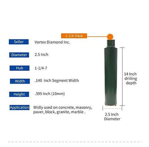 VTXMAX 2.5-inch wet diamond core drill bit with green body; Vortex Diamond Inc., for concrete and stone.