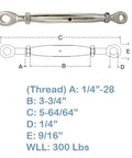 Rock Solid 1/4 Inch Stainless Steel Closed Eye Eye Turnbuckle dimensions with labeled length specifications for marine rigging.