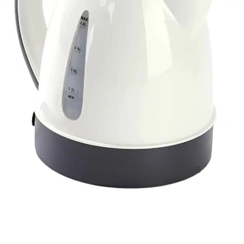 Heavy Duty 24V Electric Kettle For Trucks Built Like A Tank With Auto Shut Off 1 Liter Portable Water Heater side view showing water gauge and base.