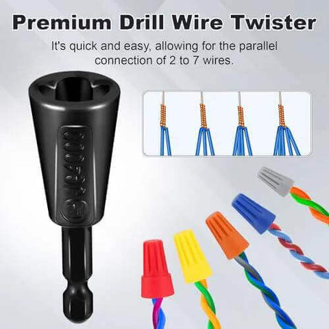 Multifunctional Wire Twister Tool Set for Drill with 4 Lightweight Wire Nut Twisters shown with wire connections