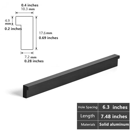 10 Pack Matte Black L Shaped Cabinet Pulls 7.48 Inch Overall Length 6.3 Inch Center To Center, solid aluminum dimensions illustration