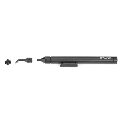 Portable Vacuum Suction Pen Kit With Six Suction Pads And Two Tips For Snagging ICs And SMDs A Lightweight Grab And Go Electronics Pickup Tool in black, disassembled view showing pen and two tips.