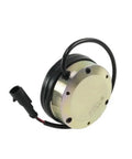 Electromagnetic brake for forklift, circular gold-toned metal housing with black power cable and connector.