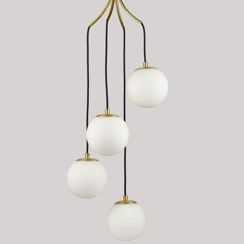 Dope Mid Century Modern Pendant Lighting Four Light Globe Chandeliers With White Opal Glass Shades And Brass Finish For Living Room Dining Area Kitchen Island, front view