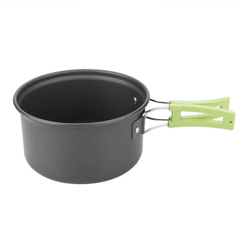 Lightweight aluminum pot with foldable green handles from 8 Piece Portable Camping Cookware Set For Outdoor On The Go Cooking