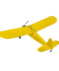 Side view of a yellow unassembled balsa wood RC airplane kit with 40 inch wingspan for adults and hobbyists includes airframe motor prop