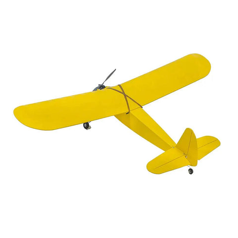 Side view of a yellow unassembled balsa wood RC airplane kit with 40 inch wingspan for adults and hobbyists includes airframe motor prop