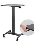 Height adjustable mobile standing desk with smooth casters and solid steel frame for home office or classroom use.