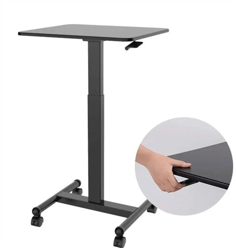 Height adjustable mobile standing desk with smooth casters and solid steel frame for home office or classroom use.