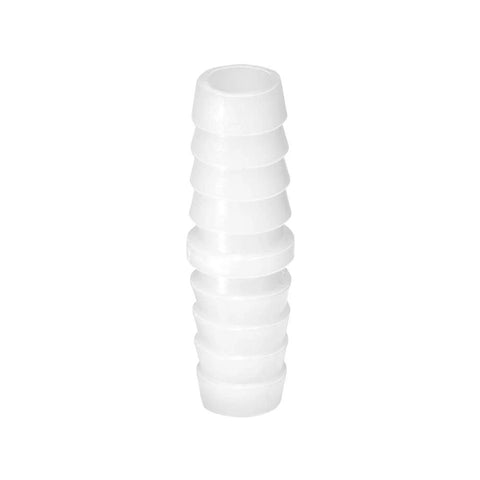 White plastic hose barb fitting, 3/8 in x 3/8 in, barbed splicer adapter