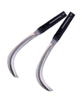 Two ergonomic grip weeding and harvesting tool scythes for gardening and lawn care with manganese rustproof blades.