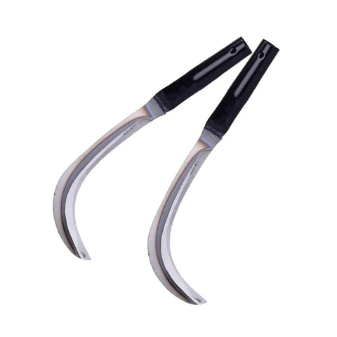Two ergonomic grip weeding and harvesting tool scythes for gardening and lawn care with manganese rustproof blades.