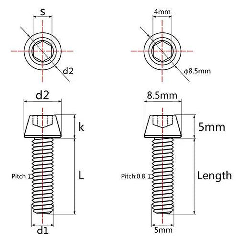 Front and side views of Wanyifa titanium Ti bolt M5x25mm tapered-head screw, rainbow finish, pack of 4