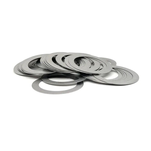 Ultra Thin Stainless Steel Flat Washer Set 0.2mm Shim For M3 M4 M5 Hardware And Plumbing, 100 Pc Assortment, Smooth Burr Free Plain Washers For Home Fixes And Mechanical Projects. stainless steel washers stacked on white