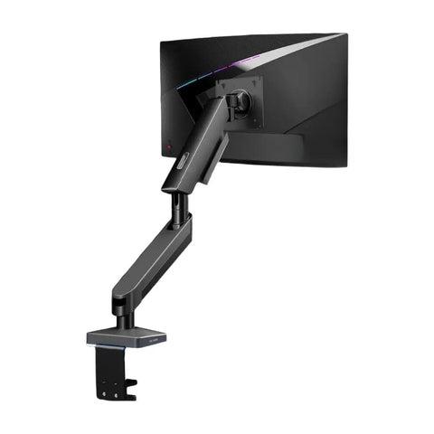 Top Tier Adjustable Monitor Arm With Heavy Duty Desk Clamp Base Built Like A Tank To Hold Nine Kilograms Securely While Boosting Your Ergonomics And Giving Your Desk Serious Space Saving Vibes All Around, showing a side view with clamp mount.