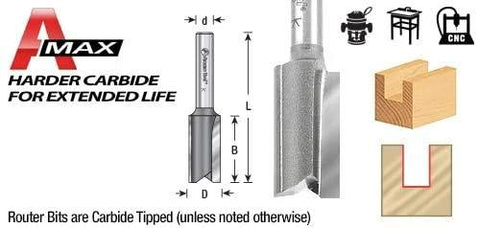 Pro Grade Solid Carbide Straight Plunge CNC Router Bit For Wood High Production With Diameter Nine Thirty Two Cutting Height One Inch Shank One Quarter Inch Two Flutes For Superior Finish And Vibration Reduction In Harsh Routing Jobs