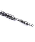 All Purpose Combination Drill And Tap Bit Set Hex Shank HSS Steel Hella Durable Screw Tapping Deburring Countersinking 10 Pack Tool Kit For Professionals, close-up of a single drill tap bit.