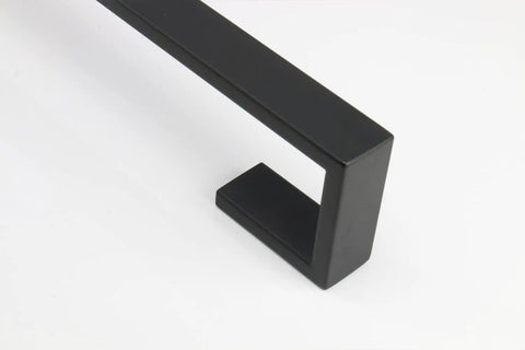 Close-up of Heavy Duty Square Base Wall Mount Towel Rack Built To Last In Matte Black SUS304 Stainless Steel Bar 16 Inch Bathroom Organizer