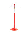 Short Underhoist Support Stand 1500 Lb Capacity Adjustable Height Range For Engine Swap And Suspension Work Fits Two Post Lifts Garage Wrenching Essential For Car Enthusiasts And Pro Mechanics in bright red with handlebars.