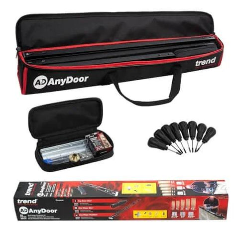 All-In-One Adjustable Door Hinge Jig Installation Kit For 2 Ft 6 In To 9 Ft Doors, No-Fuss Hands-Free Foot Operated Lifter, Sturdy Door Stand, And Pro Router Bit By Trend in padded carrying case with tools visible
