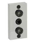 Top Shelf Self Centering Drill Jig For 1.5 X 3 T Slot Aluminum Extrusion Featuring Dowel Pin Alignment And Smooth Anodized Finish showing alignment and drill holes.