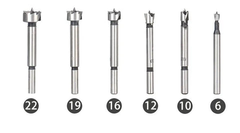 Top Shelf 16 Piece Wood Drill Bit Set With Tungsten Carbide Tips for smooth cuts, showing various sizes labeled 22 to 6.