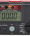 Front view of UT521 Digital Ground Tester Kit with large LCD display and control knobs, showing setup options.